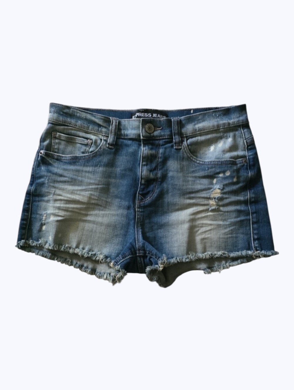 Express Shorts Women's Size 8 Mid Blue Denim Jean Short Distressed Two-tone Rips